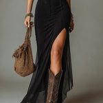 Boho Black Front Slit One-shoulder Maxi Dress With Side-split Hem
