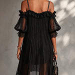 Lidia | Off-the-Shoulder Black Chiffon Mini Dress with Lace Trim