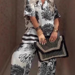 Casual V-neck printed short-sleeved top and wide-leg pants set