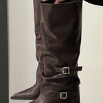 High-top belt buckle pointed toe thick-heeled boots