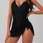 Sexy V-neck, back-tie, figure-hugging one-piece swimsuit with an asymmetrical hem