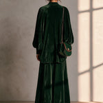 Green velvet round-neck lantern-sleeve top and wide-leg trousers set