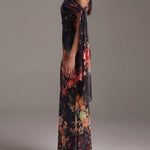 Black One-Shoulder Printed Pleated Chiffon Maxi Dress