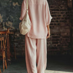 Casual Pink V-Neck Shirt and Trousers Set