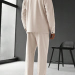KZZ Men's Solid Color Pocket Jacket and Belt Waist Pants Sport Suit Regular Version Mature Business Style