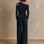 Black One‑Shoulder Party Wide‑Leg Jumpsuit
