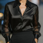 Black Spliced Satin Long-sleeved Loose-fitting Shirt