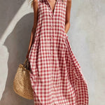 Loose-fitting plaid sleeveless beach vacation dress