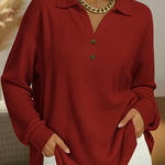 Stylish Solid-Color Loose-Fit Long-Sleeve Waffle-Knit Pullover with V-Neck and Buttons
