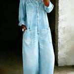 Fashionable single-breasted off-shoulder washed denim jumpsuit