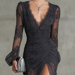 Dark Grey Lace Ruched Sheer Long Sleeve Slit Maxi Dress