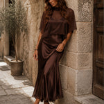 Brown Chiffon Blouse And Satin Midi Dress Two-piece Set