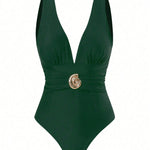French Vintage Print Deep-V Sexy Swimsuit Set