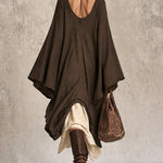 Dark Brown Pleated Faux-Linen Loose-Fit Midi Kaftan Dress