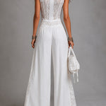 Vintage stand-collar wide-leg jumpsuit with lace paneling