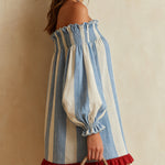 Blue and white striped off-the-shoulder mini dress with a contrasting hem