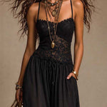 Black Lace and Chiffon Spaghetti-Strap Harem Jumpsuit