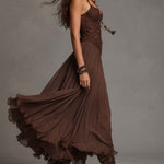 Dark Brown Lace-Paneled Chiffon Maxi Dress