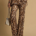 Elegant Leopard Print Sleeveless Chiffon Top And Flared Pants Set
