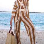 Loose V-Neck Fashion Hollow Out Striped Shirt Wide Leg Pants Set