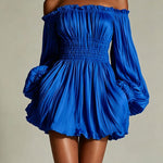 White off-shoulder ruched smocked-waist mini dress