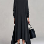 Black long dress with a gathered neckline and pockets