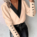 Autumn Fashion V-neck Solid Color Long Sleeve Button-up Shirt