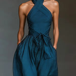 Navy Cross Halter Wide-Leg Jumpsuit With Side Pockets
