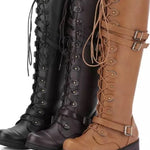 Round toe belt buckle rivet lace-up high-top riding boots