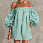 Pink Off-shoulder Lantern Sleeve A-line Loose Mini Dress