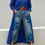 Long shirt paired with a floral wide-leg denim trouser set