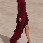 Burgundy midi evening gown with ruffles and an asymmetrical hem