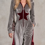 Casual Color-blocked Star Hooded Zip-up Velvet Jumpsuit