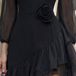 Elegant black sheer-sleeve mini dress with 3D roses and ruffles