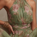Green Floral Chiffon Halter Maxi Dress