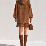 Brown hooded faux-suede mini dress with fringe