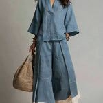 Pink V-neck Shirt And Color-blocked Wide-leg Pants Suit