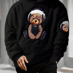 KZZ Men's Cartoon Bear Embroidery Pocket Fuzzy Hoodie