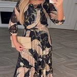 Elegant 3/4-sleeve printed waist-cinching dress