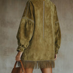 24-Hour-Shipping Olive Faux Suede Turtleneck Dress With Fringe Hem