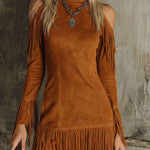 Brown High-neck Off-shoulder Tassel Faux Suede Long-sleeved Mini Dress