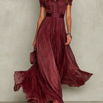 Purple Keyhole Neckline Chiffon Lace Trim Maxi Dress