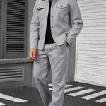 KZZ Men's Solid Color Pocket Jacket and Belt Waist Pants Sport Suit Regular Version Mature Business Style
