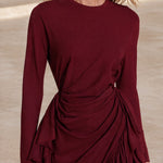 Burgundy midi evening gown with ruffles and an asymmetrical hem