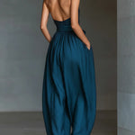 Navy Cross Halter Wide-Leg Jumpsuit With Side Pockets