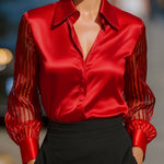 Black Spliced Satin Long-sleeved Loose-fitting Shirt