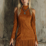 Brown High-neck Off-shoulder Tassel Faux Suede Long-sleeved Mini Dress