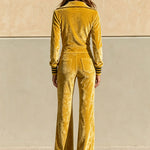 Stylish Retro Yellow Velvet Zipper Long-Sleeved Jumpsuit