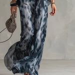 Navy Halter Neck Top And Printed Wide-leg Pants Chiffon Set