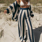 Loose V-Neck Fashion Hollow Out Striped Shirt Wide Leg Pants Set